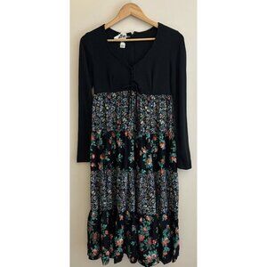 Vintage 90s Prairie Hippie Boho Midi Dress Small Floral Black Cottage Grunge